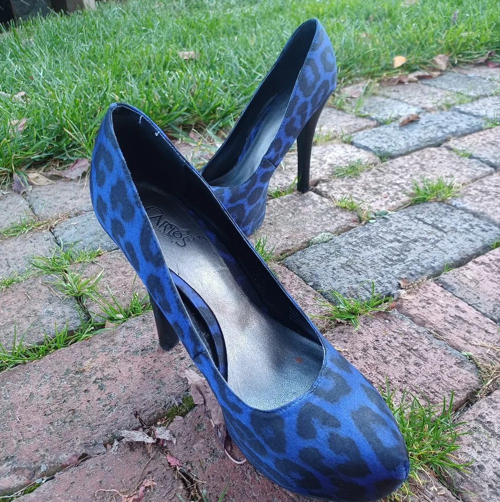 Vintage y2k Carlos Santana platform black blue platform cheetah pumps heels 6.5
